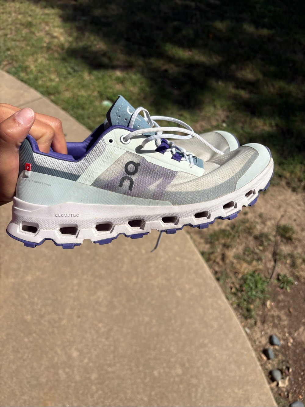 On Running Women's Running Shoes in White and Light Blue with Purple Accents